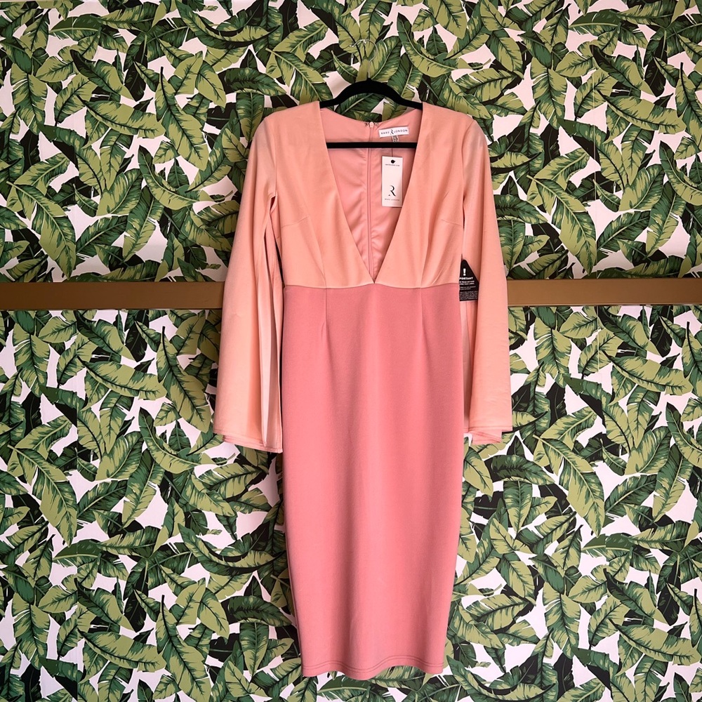 Rare London Two-Toned Deep-V Midi Dress with frill sleeves